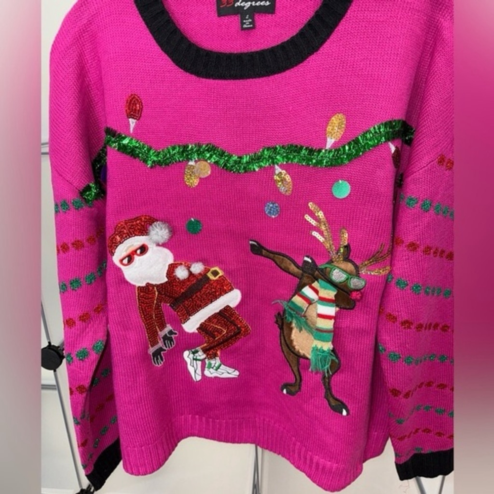 33 Degrees Women's Dancing Santa and Reindeer Ugly Christmas Sweater Pink L NWT - Picture 7 of 10